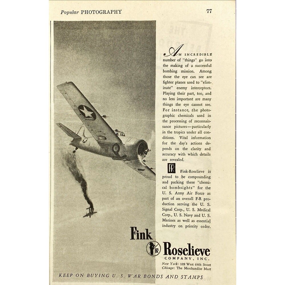 Fink Roselieve "Chemical Bombsights: PHoto - US Fighter attacking" Print Ad 1943